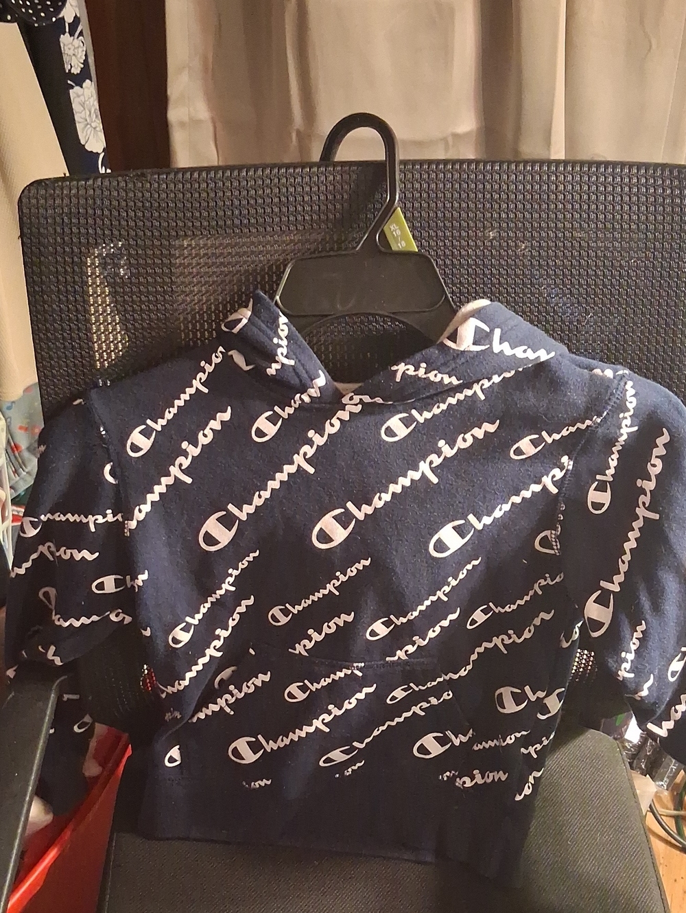 Champion Navy Hoodie with All-Over White Logo Print
